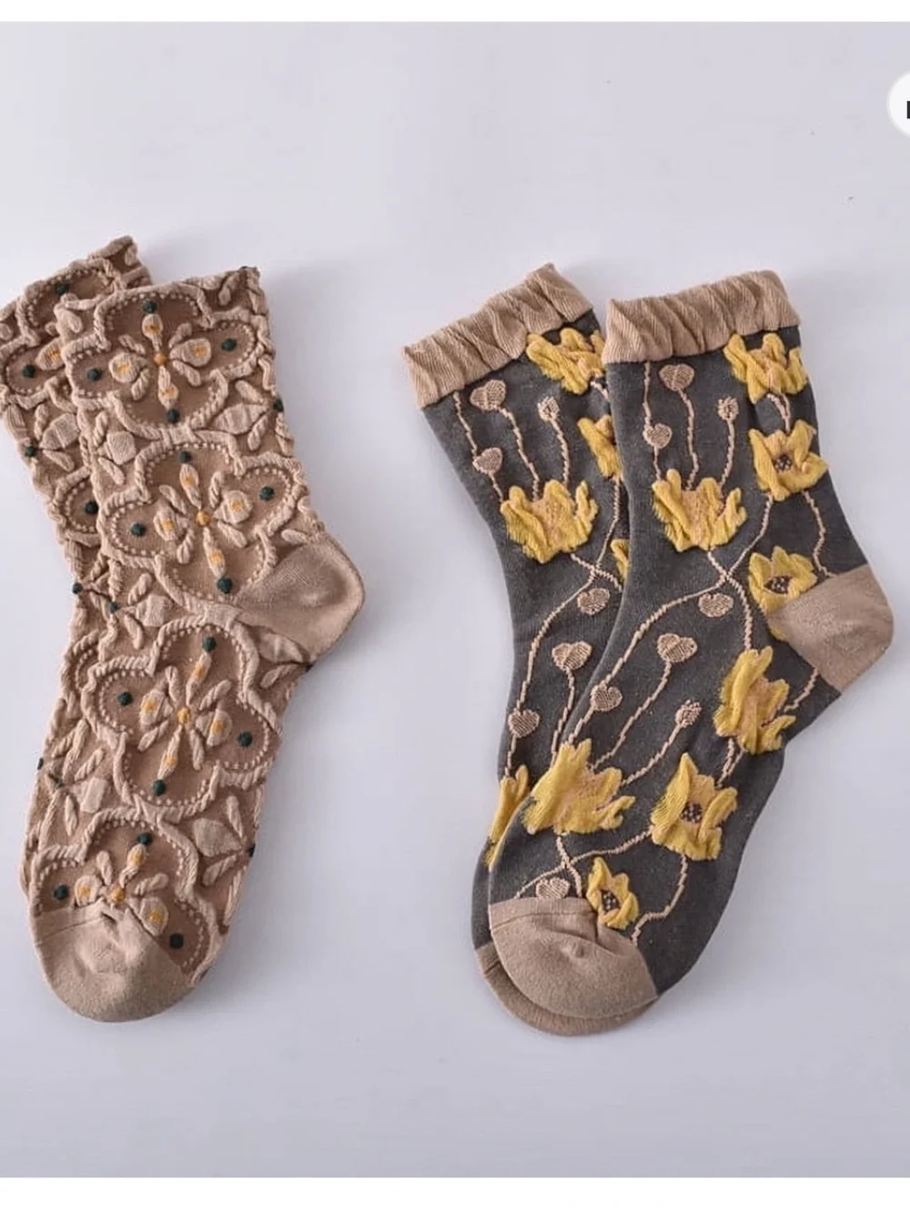 Embroidered Floral Crew Socks - Olive, Taupe, Gray, Mustard 5pc women’s new